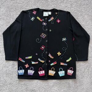 Michael Simon Lite Cardigan Sweater Womens L Black Embroidered Shoes Bags Floral